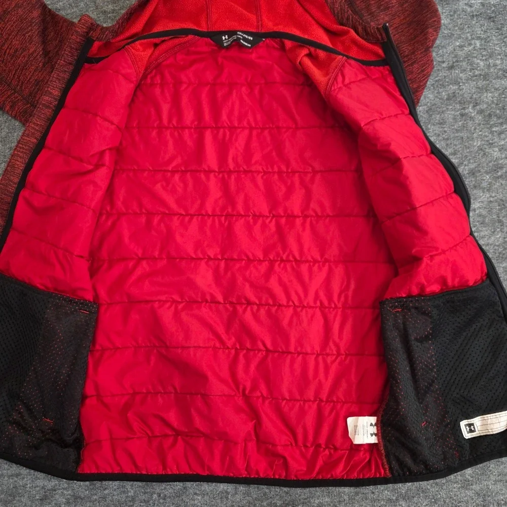Under Armour Kids Puffer Hooded Jacket Red Black Full Zip‎ ColdGear Size YXL